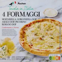 Pizza 4 formaggimozzarella, gorgonzola AOP, Asiago AOP, Pecorino Romano AOPLa tomate et le lait de la mozzarella proviennent d'Italie et le blé ne provient pas d'Italie.