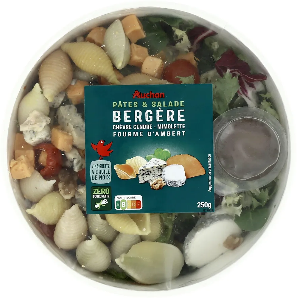 Pâtes et Salades BergèreChèvre cendré - Mimolette - Fourme d'AmbertVinaigrette à l'huile de noix