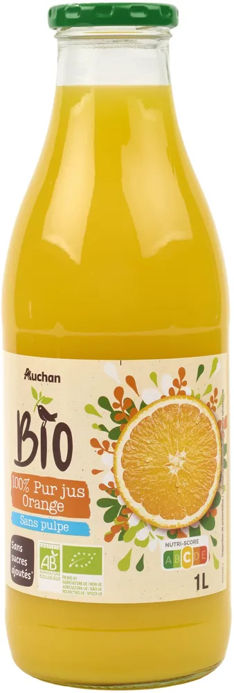 pur jus d'orange issu de l'agriculture biologiqueSans pulpeSans sucres ajoutés**Comme tous les jus de fruits. Contient les sucres naturellement présents dans les fruits.