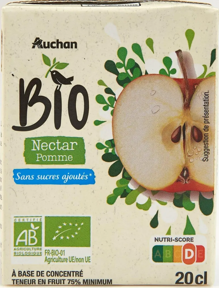 Nectar pomme BIOSans sucres ajoutés* *contient les sucres naturellement présents. teneur en fruit 75% minimum