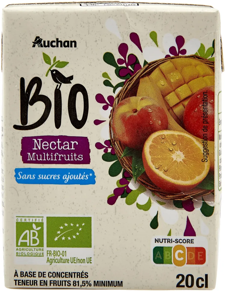 Nectar multifruits à base de concentrés BIO-Sans sucres ajoutés* *contient les sucres naturellement présents. teneur en fruits 81.5% minimum