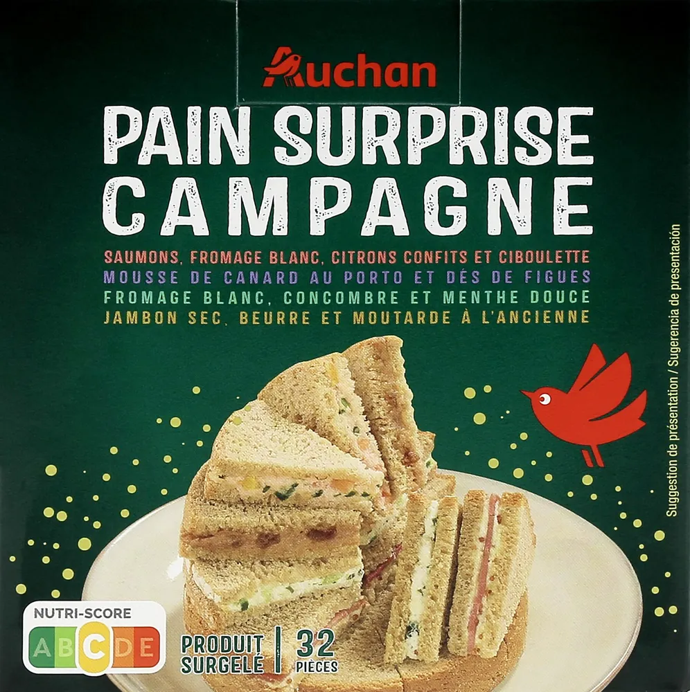 Pain de campagne surpriseSaumons, fromage blanc, citrons confits et cibouletteMousse de canard au porto et dés de figuesFromage blanc, concombre et menthe douceJambon sec beurre et moutarde à l'ancien