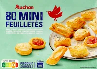 80 mini-feuilletés champignon, Saint-Jacques*, tomate-basilic, fromage, jambon-fromage, jambon, chèvre et saumon-poireau.*L'origine de la noix de Saint-Jacques est indiquée par la 1ère lettre du numér