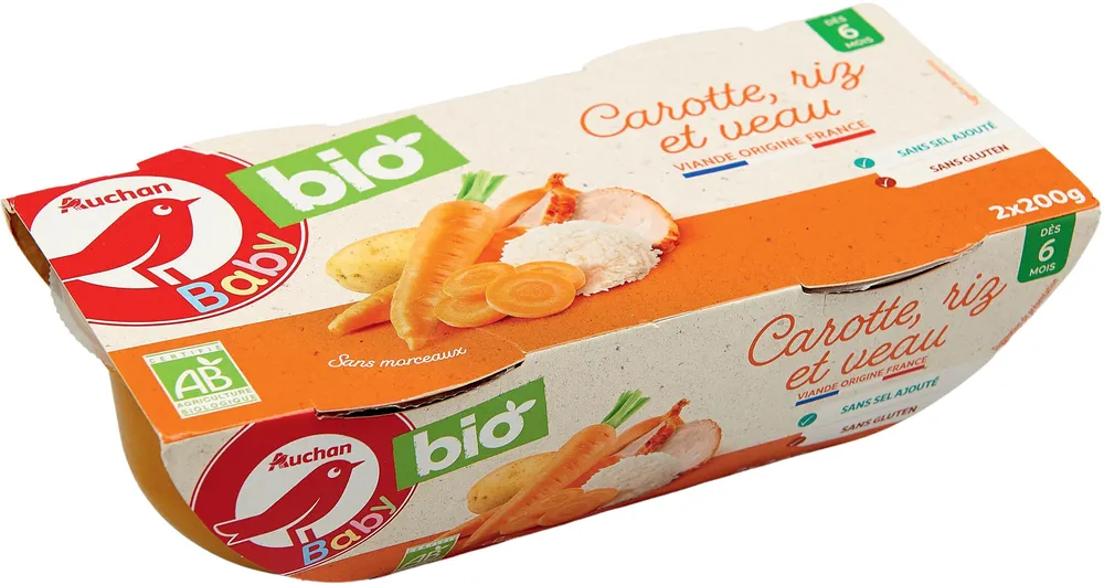 Auchan Baby Bio - Carotte, riz et veau - 2X200g.