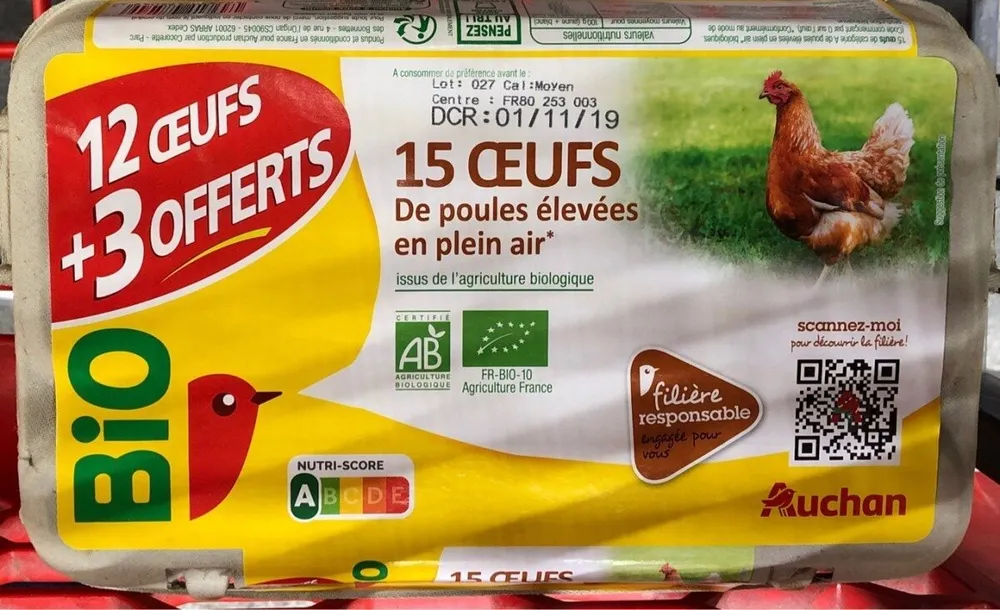 Auchan bio oeufs ppa poule elevee en plein air fil x12 + 3