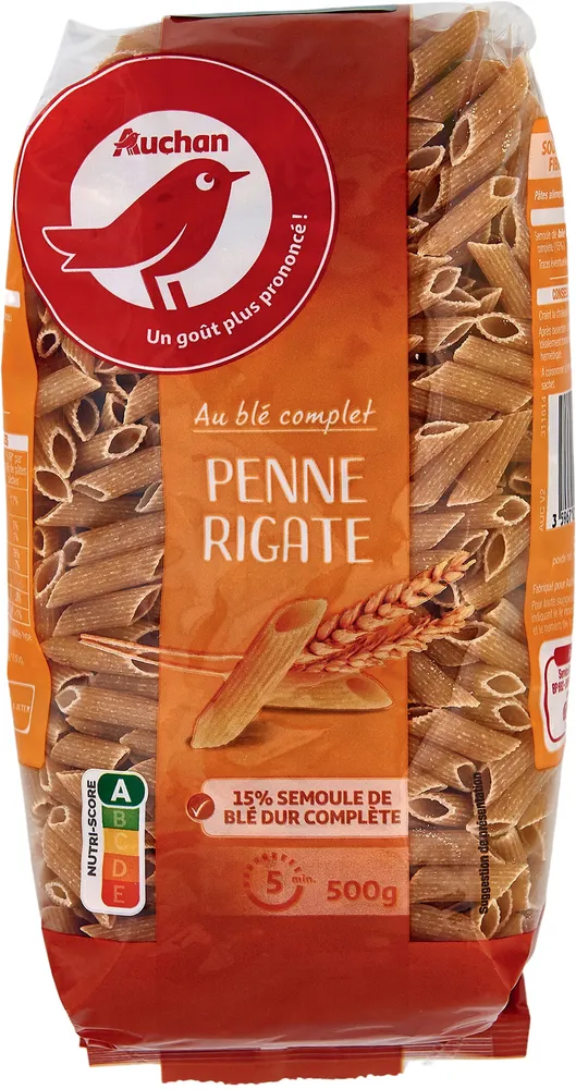 Pâtes au blé complet : spaghetti, coquillettes, penne, torti.
