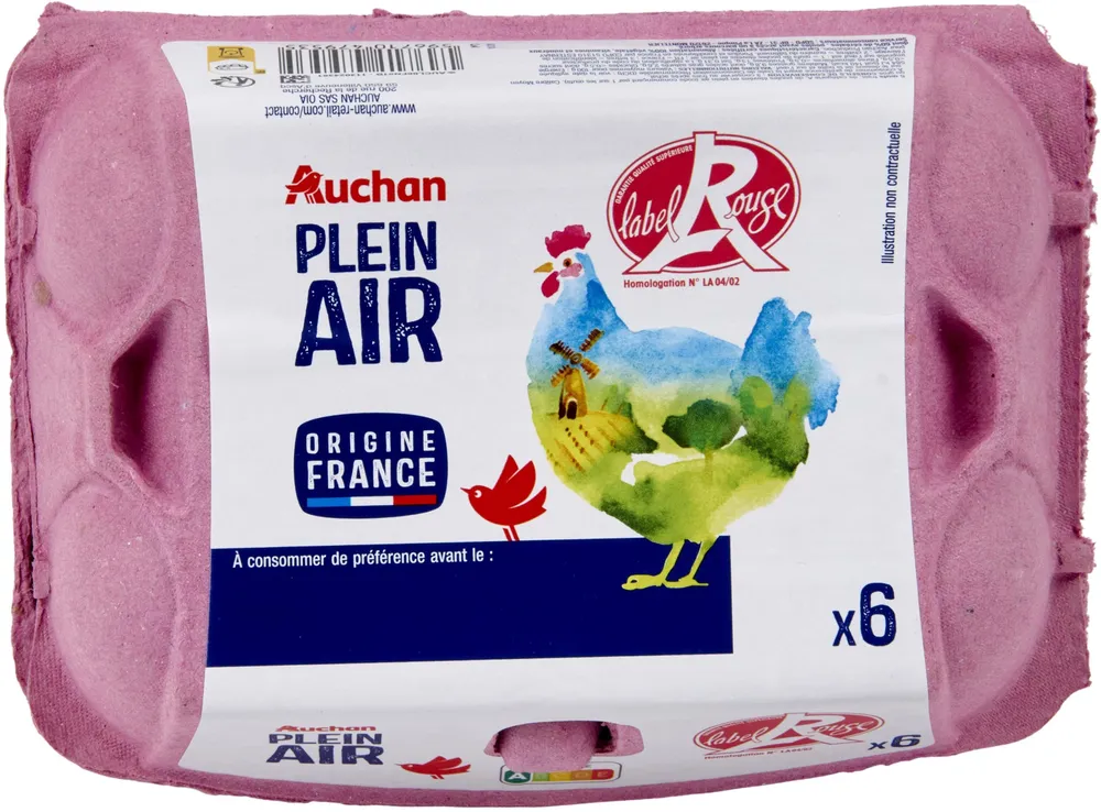 6 œufs frais de poules élevées en plein air, LABEL ROUGE - calibre Moyen ou Gros, catégorie ALogo Label Rouge - Homologation N°LA 04/02 ou Logo Label Rouge - Homologation N° LA 03/99