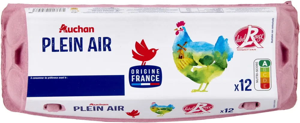 12 œufs de poules élevées en plein air, LABEL ROUGE - calibre Moyen ou Gros, catégorie AHomologation n°LA 04/02 ou Homologation N° LA 03/99