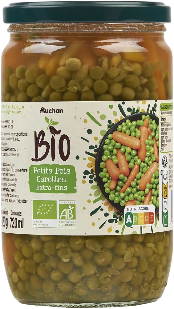 Petits pois extra-fins et jeunes carottes issus de l'agriculture biologique