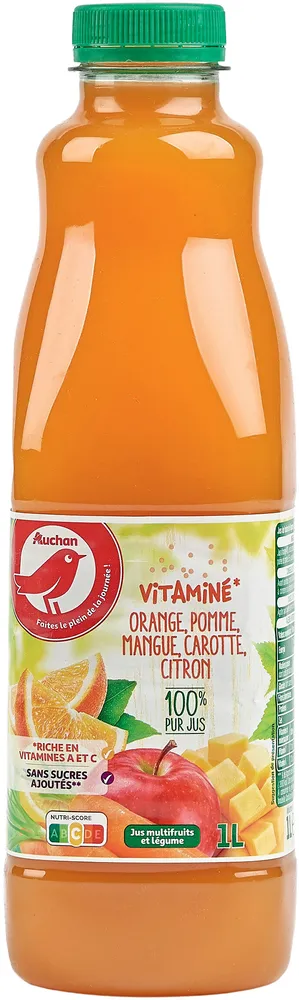 Auchan - Vitaminé* - orange, pomme, mangue, carotte, citron - 100% pur jus*Riche en vitamines A et Cjus multifruits et légume - sans sucres ajoutés**