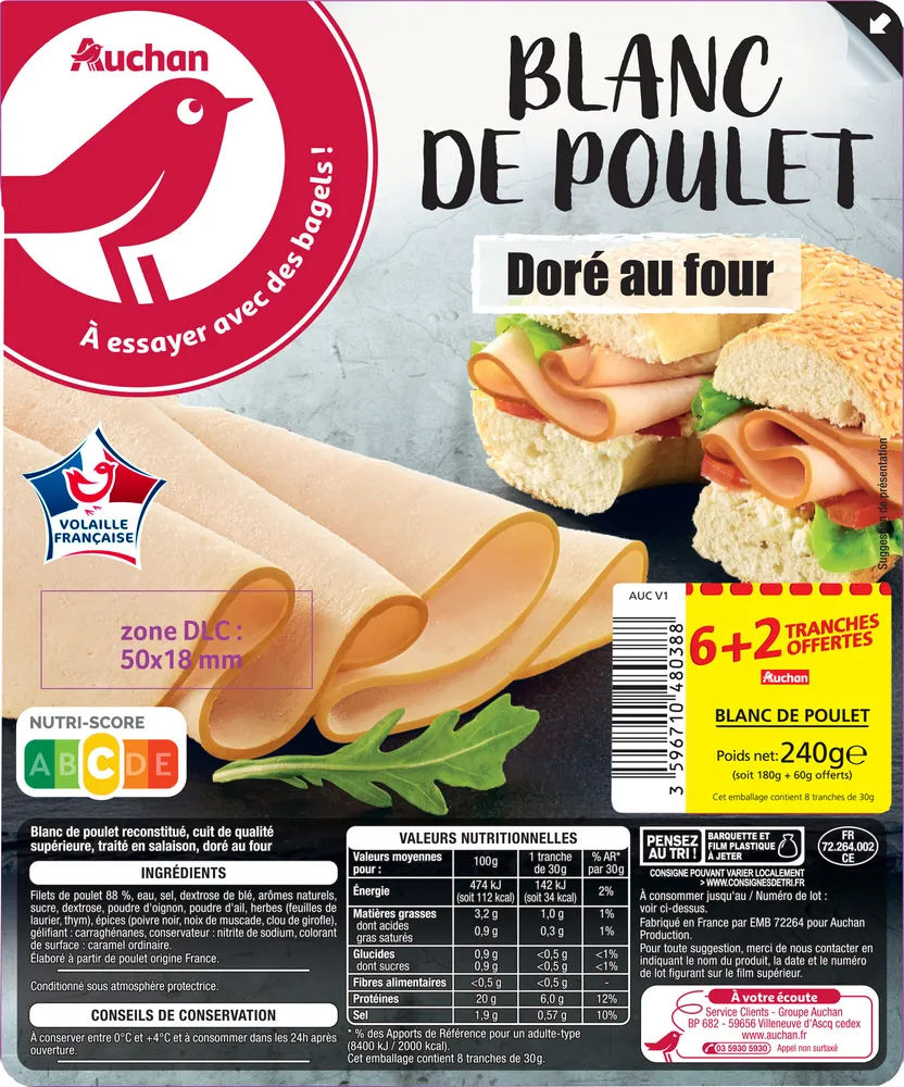 Auchan blanc poulet 6 tranches + 2 offertes 240g