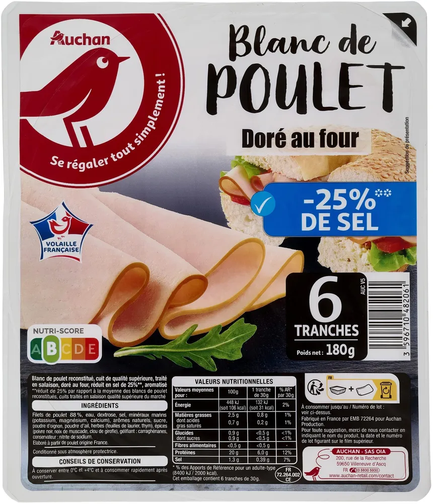 Blanc de poulet réduit en sel de 25%**