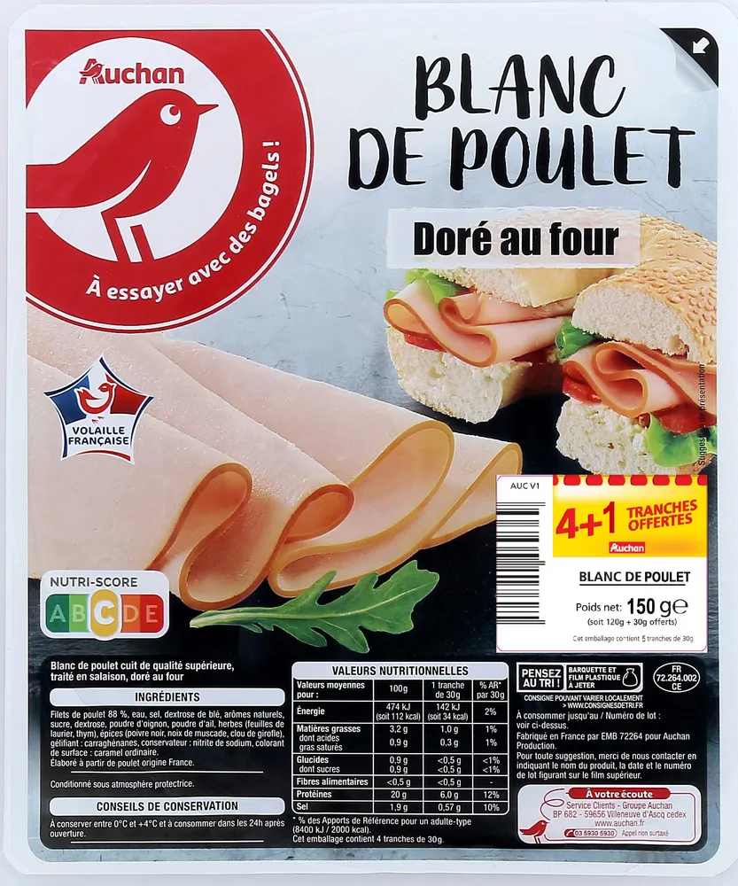 Auchan blanc poulet 4 tranches + 1 offerte