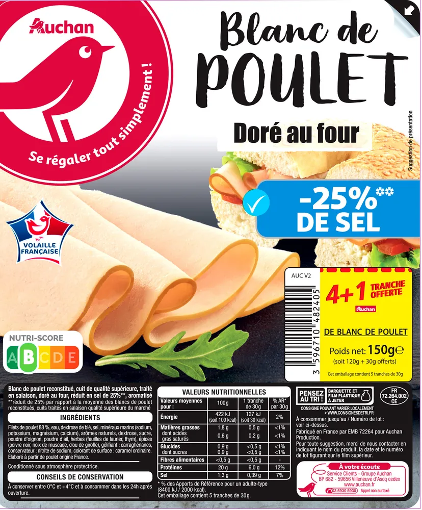 Auchan blanc poulet taux de sel reduit 4 tranches + 1 offertes