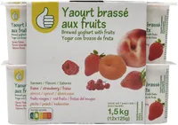 Yaourt brassé aux fruits saveurs fraise, abricot, fruits rouges, pêche.