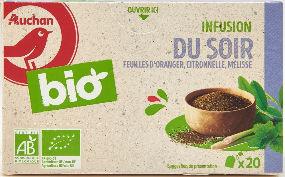 AUCHAN BIO Infusion du soirFeuilles d'oranger, citronnelle, mélisse