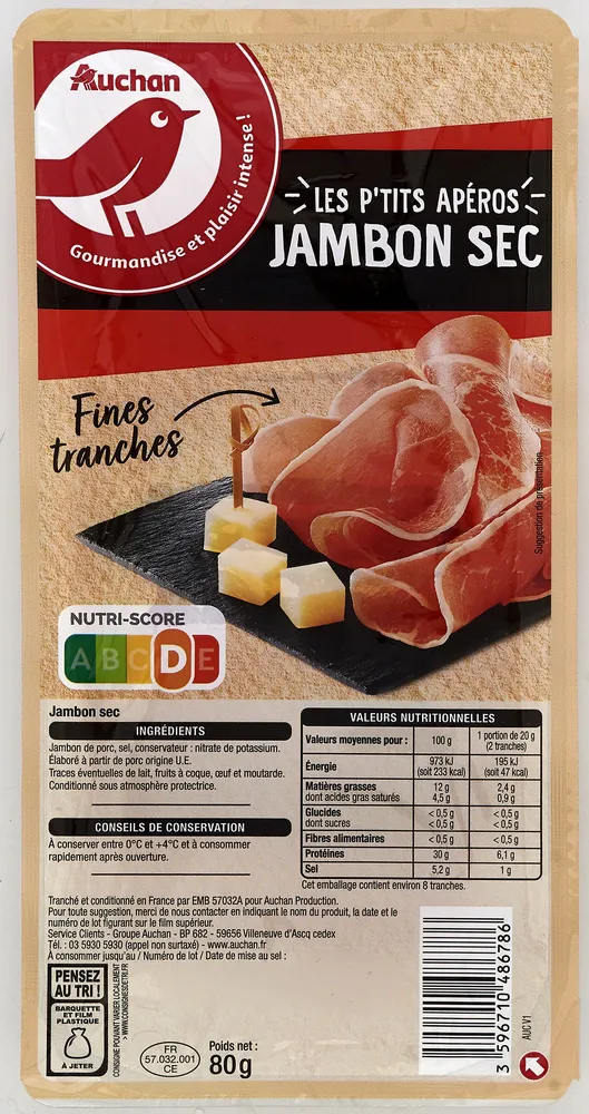Auchan jambon sec les fines tranche 80g