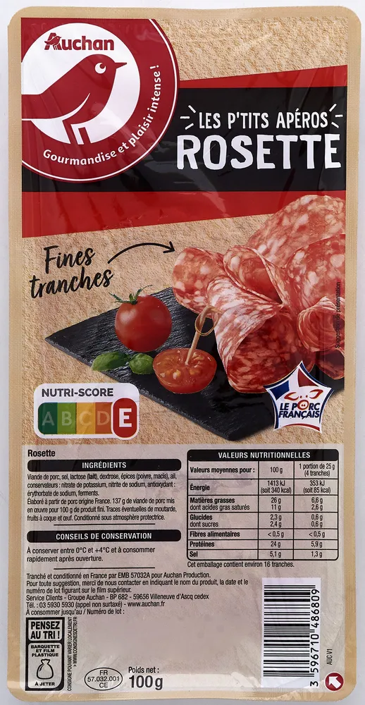 Auchan rosette viande de porc francaise fines tranches 100g