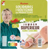 Jambon supérieur sans couenne fabriqué à partir de porcs élevés sans antibiotiques dès la naissance et nourris sans OGM (<0.9%)