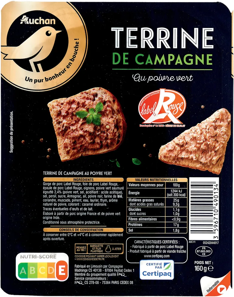 Terrine de campagne au poivre vert label rouge vpf 160g