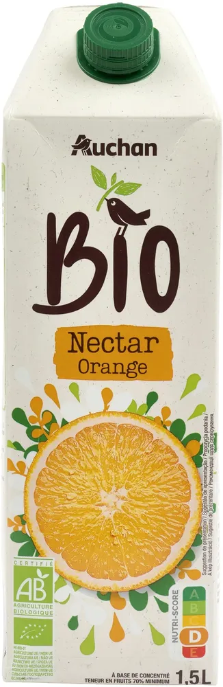 Nectar d'orange biologique. A base de concentré, Teneur en fruits : 70% minimum.