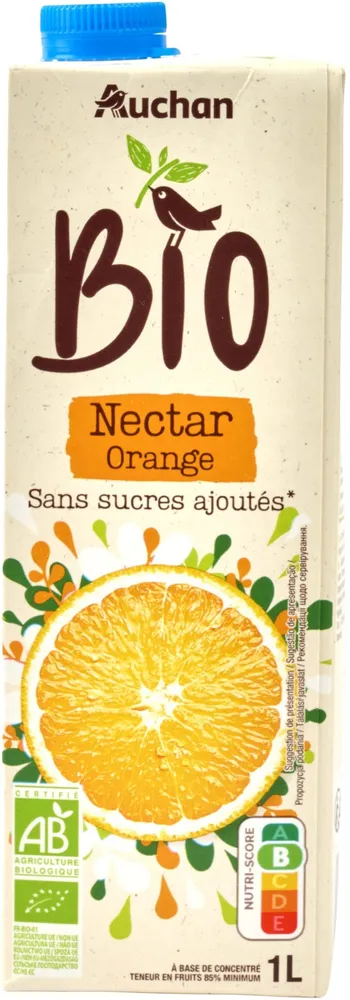 Nectar d'orange bio. Teneur en fruits 85% minimum.Sans sucres ajoutésComme tous les jus de fruits. Contient les sucres naturellement présents dans les fruits.