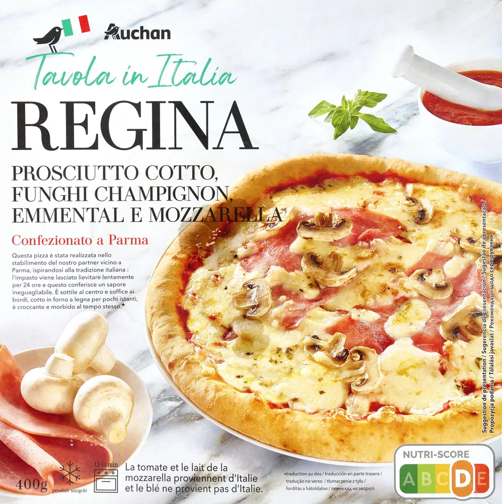 Pizza RéginaJambon cuit, Champignon de Paris, Emmental et MozzarellaLa tomate et le lait de la mozzarella proviennent d'Italie et le blé ne provient pas d'Italie.