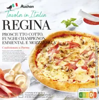 Pizza RéginaJambon cuit, Champignon de Paris, Emmental et MozzarellaLa tomate et le lait de la mozzarella proviennent d'Italie et le blé ne provient pas d'Italie.