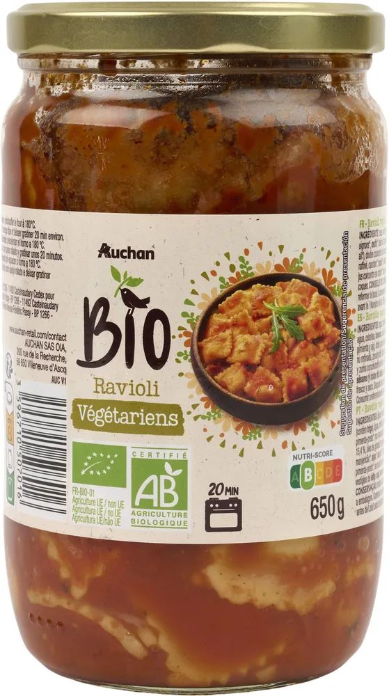 Auchan bio ravioli vegetariens 650g