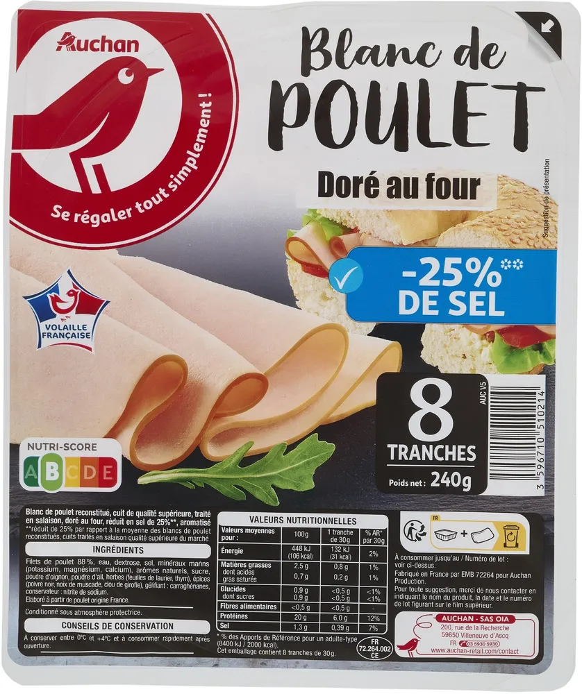 Auchan blanc poulet taux sel reduit 8 tranches 240gr