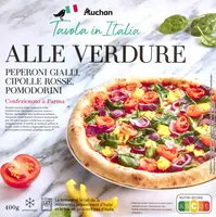 Alle verdure - Poivrons jaunes, oignons rouge, tomates ceriseLa tomate et le lait de la mozzarella proviennent d'Italie et le blé ne provient pas d'Italie.