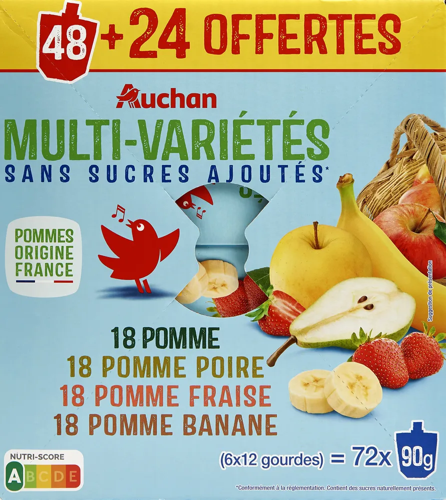 Purées de fruits panachées sans sucres ajoutés* (4 parfums)*Conformément à la règlementation. Contient des sucres naturellement présents.