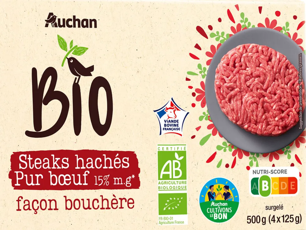 Steaks Hachés pur bœuf 15%MG, façon bouchère, issus de l'agriculture biologique