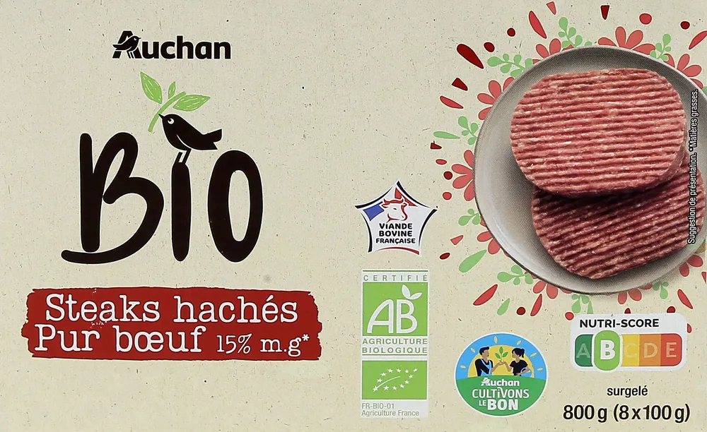 Steaks Hachés pur bœuf surgelés 15%MG, issus de l'agriculture biologique