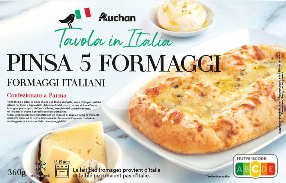Pinsa 5 FormaggiFromages ItaliensLe lait des fromages provient d'Italie et le blé ne provient pas d'Italie.