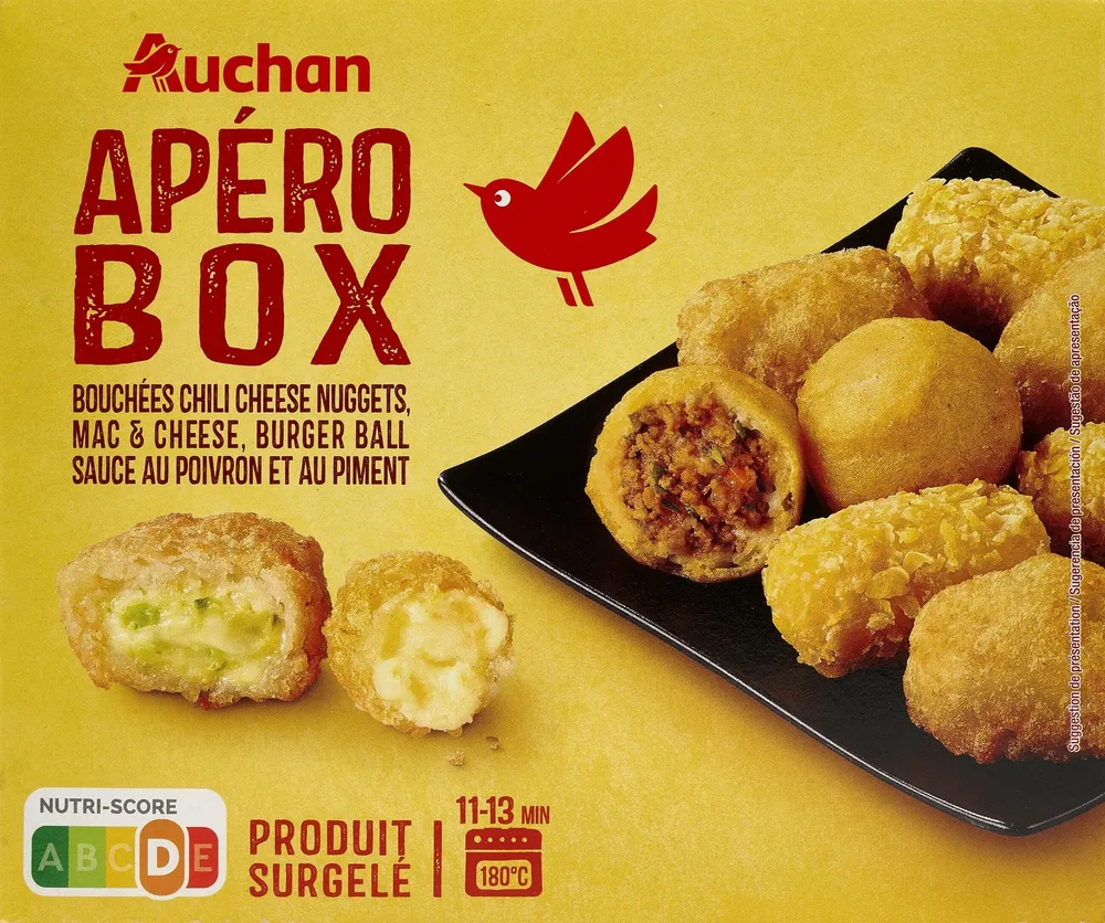 Apéro boxbouchées chili cheese nuggets + mac et cheese + burger ballsauce au poivron et au piment