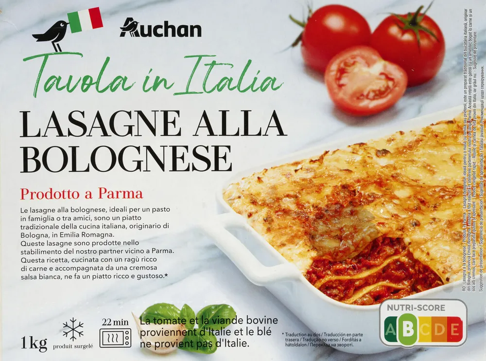 lasagna alla bologneseLa tomate et la viande bovine proviennent d'Italie et le blé ne provient pas d'Italie.