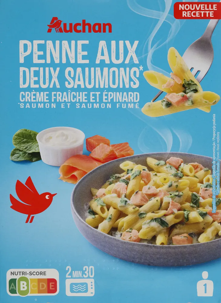 Penne aux deux saumons* crème fraîche et épinard *saumon et saumon fumé