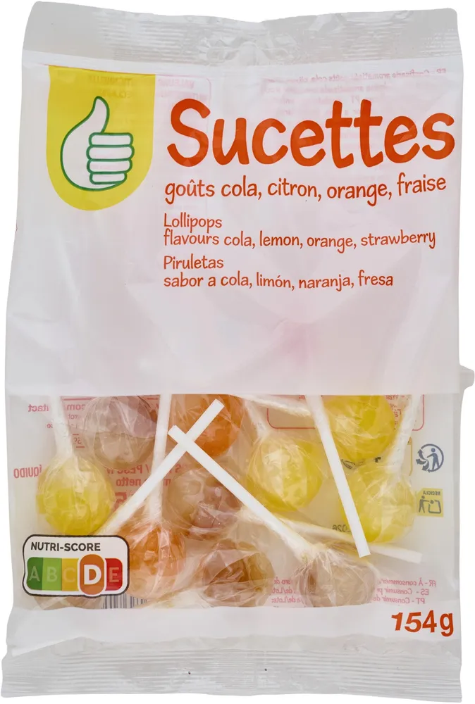 Sucettes - goûts cola, citron, orange, fraise