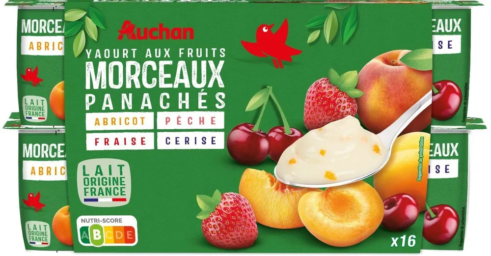 YAOURT AUX FRUITS MORCEAUX FRUITS PANACHES4 parfums : Abricot, Peche, Fraise, Cerise