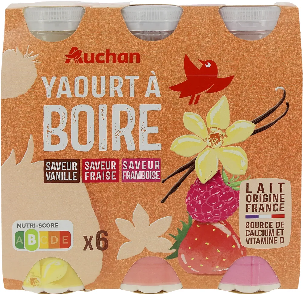 Yaourts à boire panachés saveur vanille, saveur fraise, saveur framboise