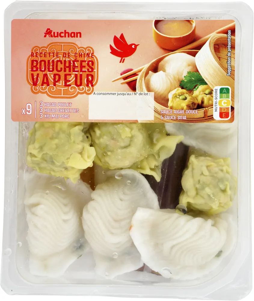 Recette de ChineBouchées vapeursauce aigre douce et sauce sojax9 - 3 hacao poulet - 3 hacao crevettes - 3 xiu mai porc - sauce aigre douce et sauce soja