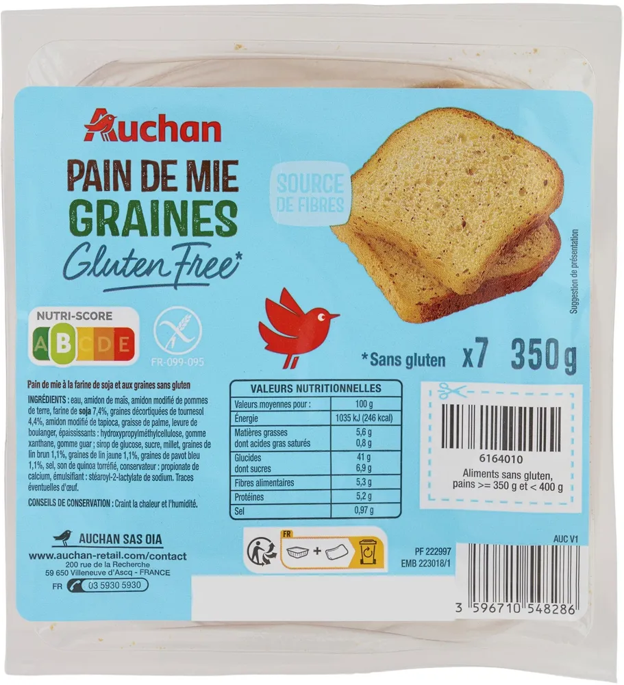AUCHAN SANS GLUTEN PAIN DE MIE GRAINES 350g