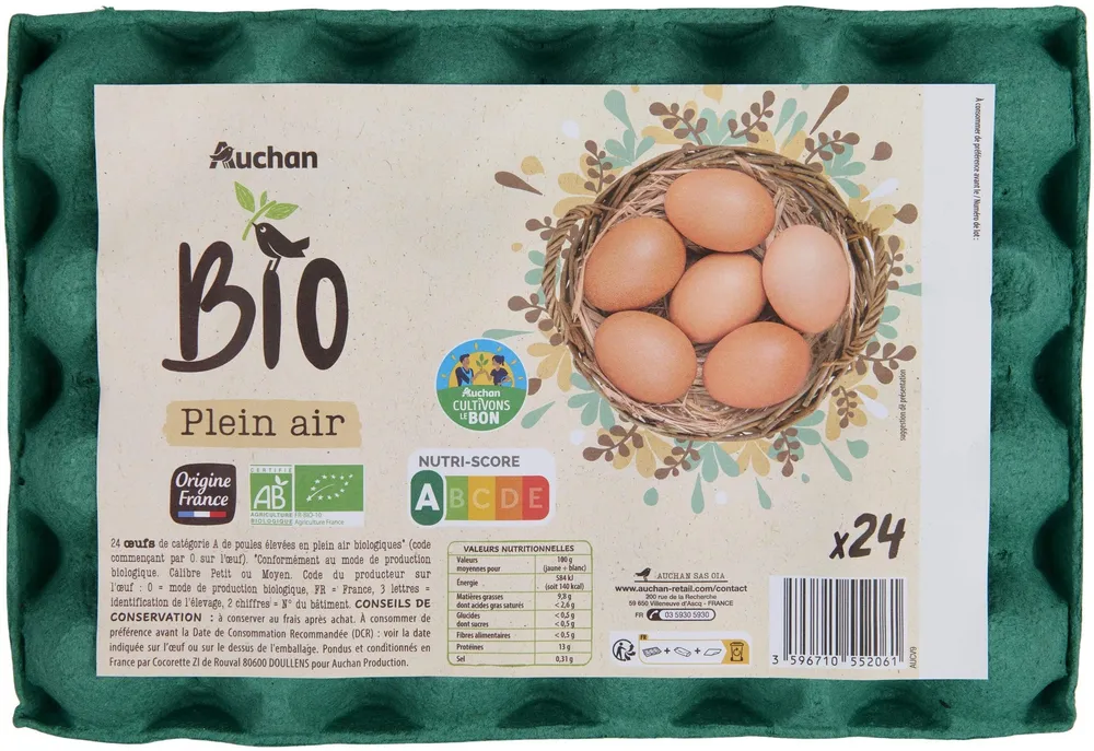 BIO*OEUFS PLEIN AIRCULTIVONS LE BON*issus de l'agriculture biologiqueLogo ABFR-BIO-01 / Agriculture France ou FR- BIO-10Logo AB* Conformément au mode de production biologique.