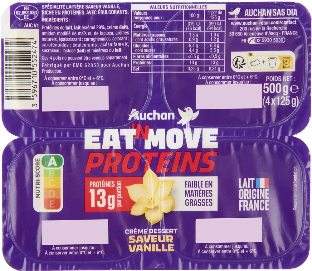 Crème dessert saveur vanille riche en protéines AUCHAN EAT' N MOVE