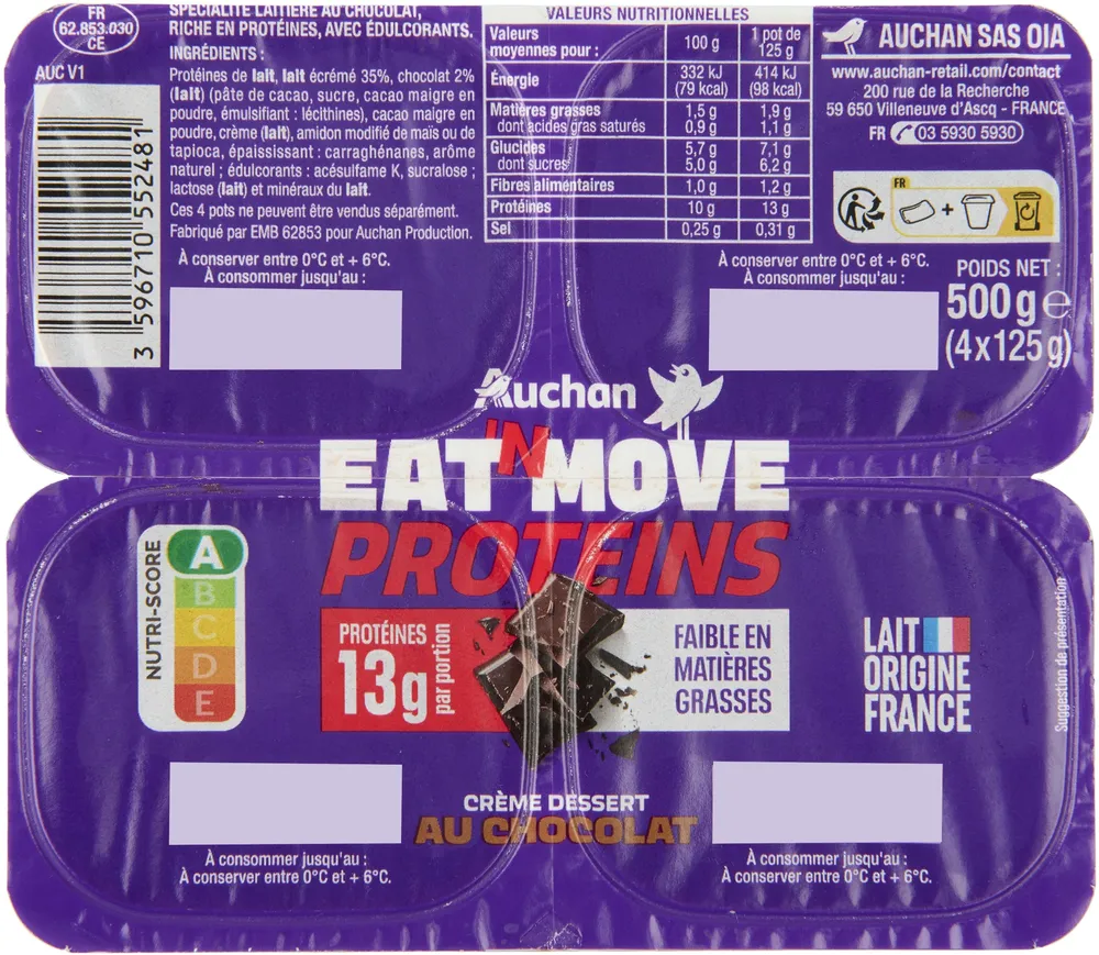 Crème dessert au chocolat riche en protéines AUCHAN EAT' N MOVE