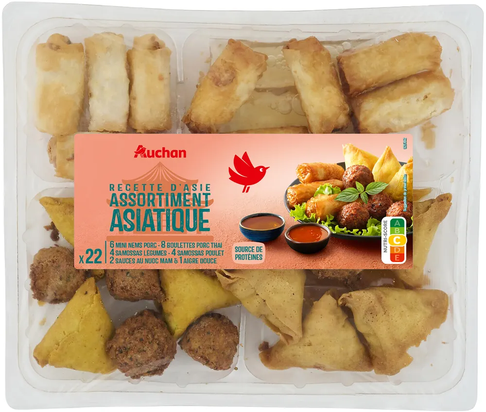 RECETTE D'ASIEASSORTIMENT ASIATIQUEX22 + 3 SAUCES 6 MINI NEMS PORC8 BOULETTES PORC THAI4 SAMOSSAS POULET4 SAMOSSAS LEGUMES2 SAUCES NUOC MAM et 1 AIGRE DOUCE