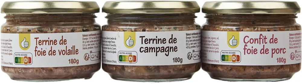 lot 3 verrines : Terrine de campagne, confit de foie de porc, terrine de foie de volaille