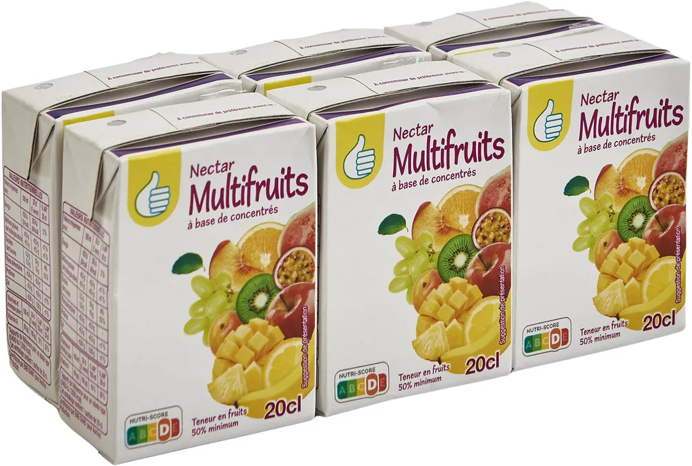 Nectar multifruits à base de concentrés. Teneur en fruits : 50 % minimum.