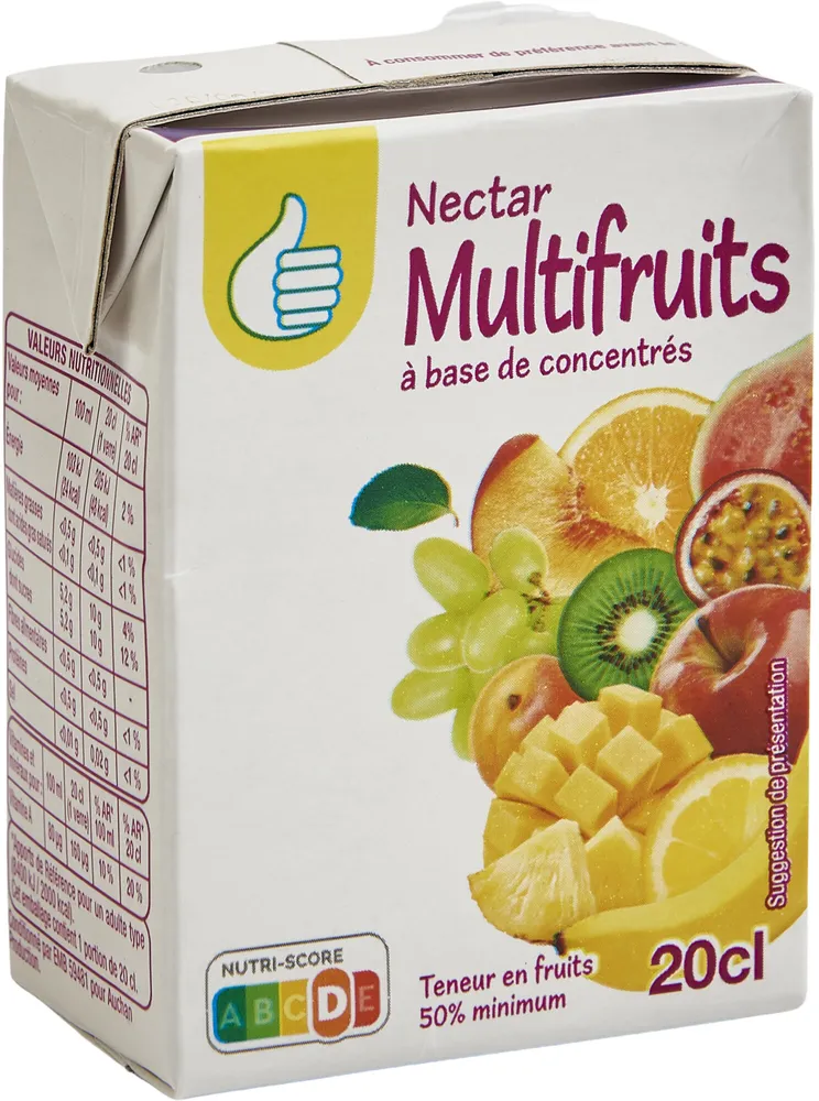 Nectar multifruits à base de concentrés. Teneur en fruits : 50 % minimum.